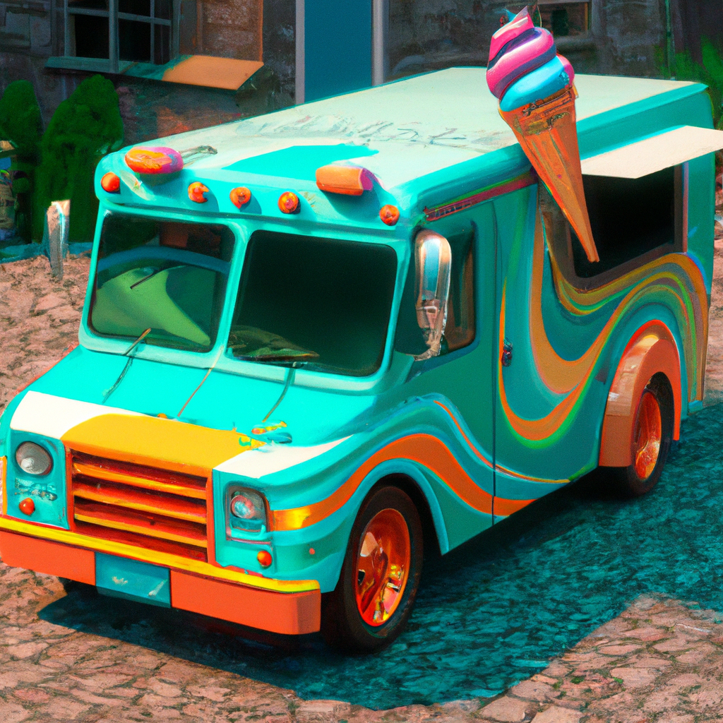 A cartoon-style ice cream truck with exaggerated curves and colors, parked on a cobblestone street, highly detailed 3D rendering