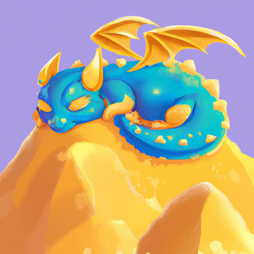 A sleepy cartoon dragon curled up on a mountain of gold, cute and chubby style, soft colors, storybook illustration