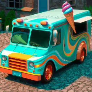 A cartoon-style ice cream truck with exaggerated curves and colors, parked on a cobblestone street, highly detailed 3D rendering