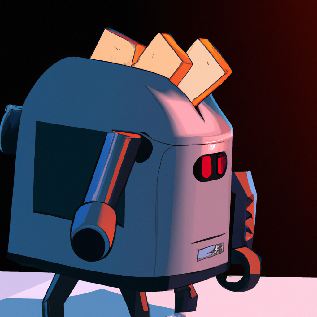 A robot shaped like a toaster, with glowing eyes and smooth metallic surfaces, in a cartoon kitchen, hyper-realistic shading